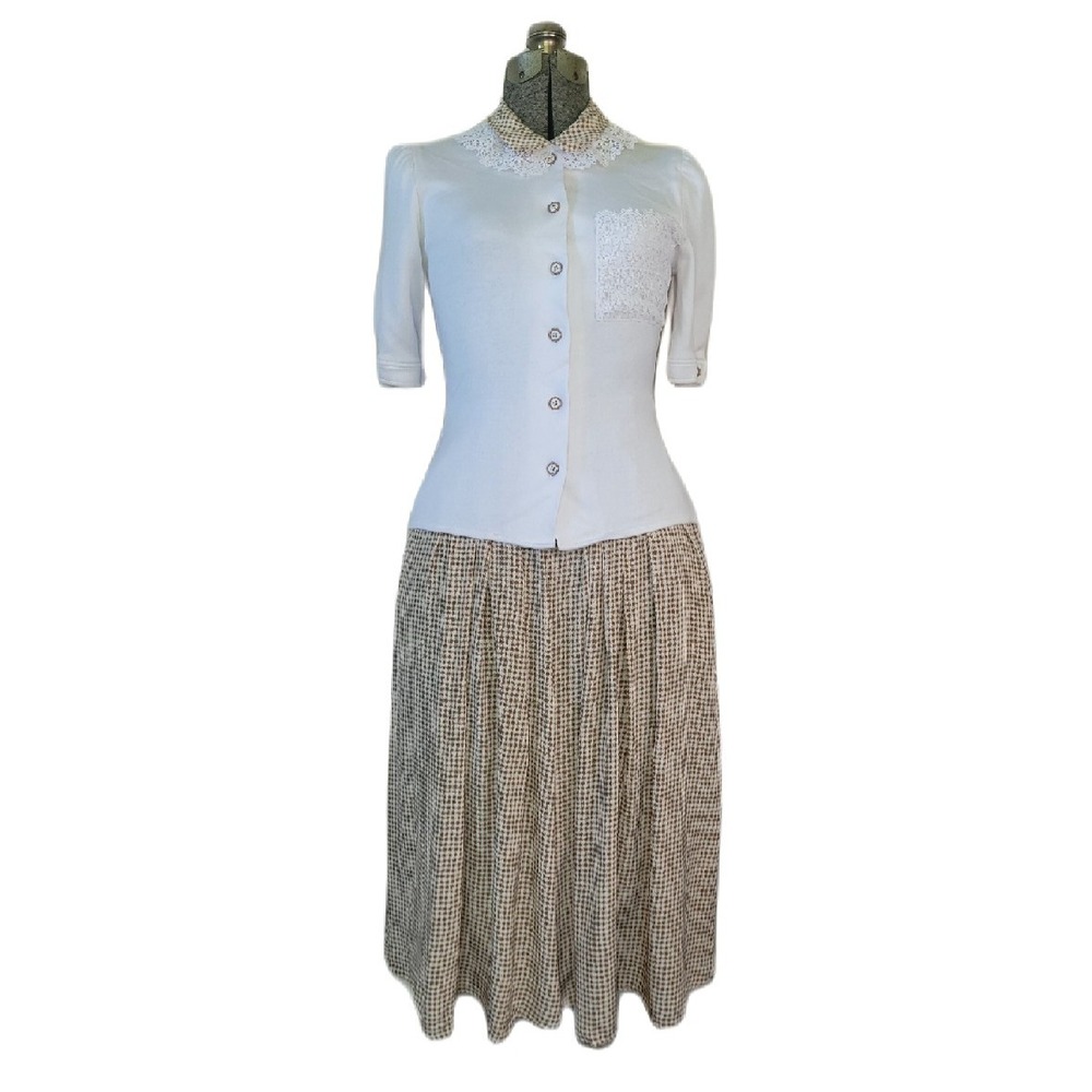 Vintage 60s 70s Silk Skirt Top Set White Praire Miss O Oscar De La Renta Size XS